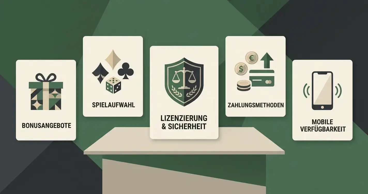 Redaktionelle Illustration eines Casino-Checks mit Kriterien für Bonus, Spiele, Zahlungen, Mobilnutzung und Lizenz