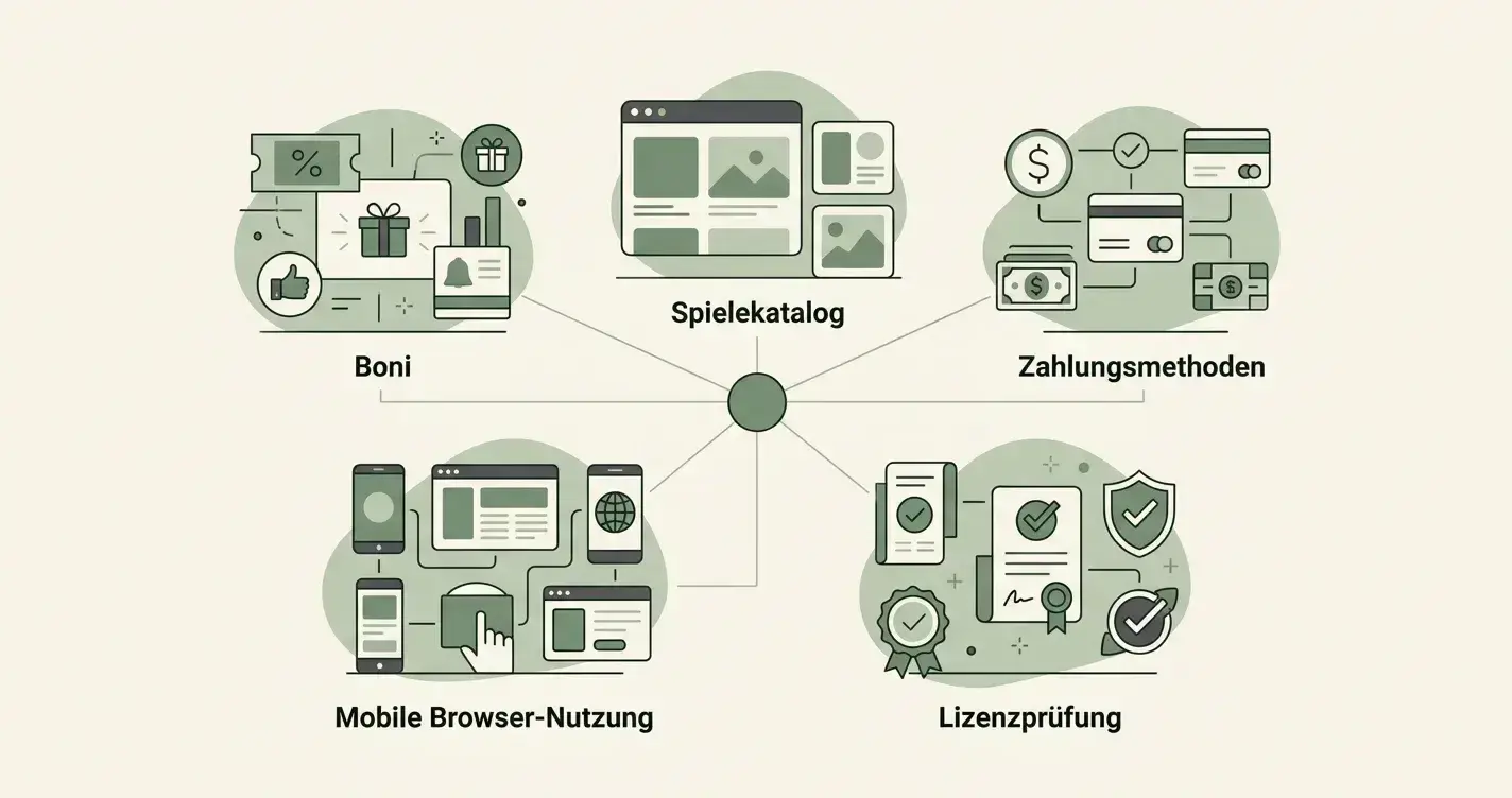 Redaktionelle Matrix mit den Prüfpunkten Bonus, Spiele, Zahlungen, Mobilnutzung und Lizenz